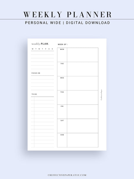 W108 | Week on a Page, Weekly Planner Printable Inserts Template ...