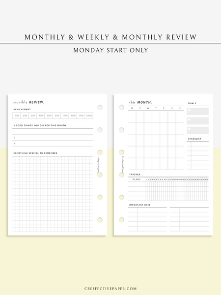 W118 | Monthly+Weekly+Review Total Planner Inserts Template, Monday ...