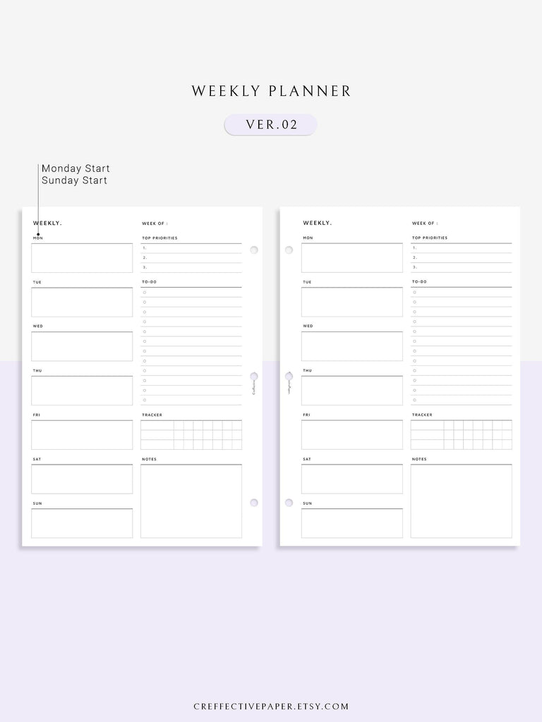 W101 | Week on a Page, Weekly Planner Printable Inserts Template ...