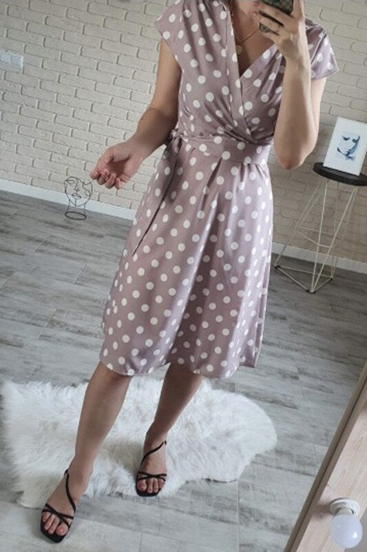Women Casual A line Dot Printing V neck Lace Turn Down Collar Off the shoulder Mid Dresses 2022 Pink New Fashion Sexy Summer Dresses 2022