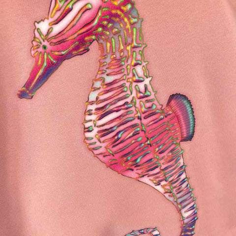 Boat Cove Seahorse Pink Hoody - close up of the pink seahorse design
