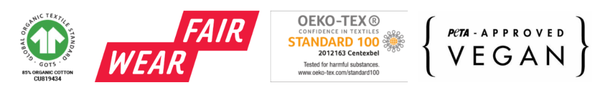 Certification logos - GOTS Organic Cotton Certified - Fair Wear Certified - OEKO-TEX Certified - Vegan Certified