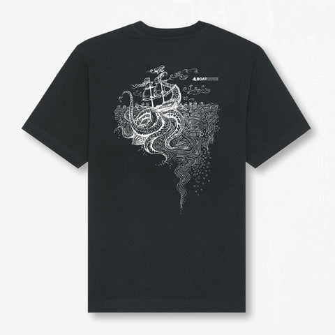 The Boat Cove Kraken T Shirt with Nelly P's illustration of the Kraken attacking a ship