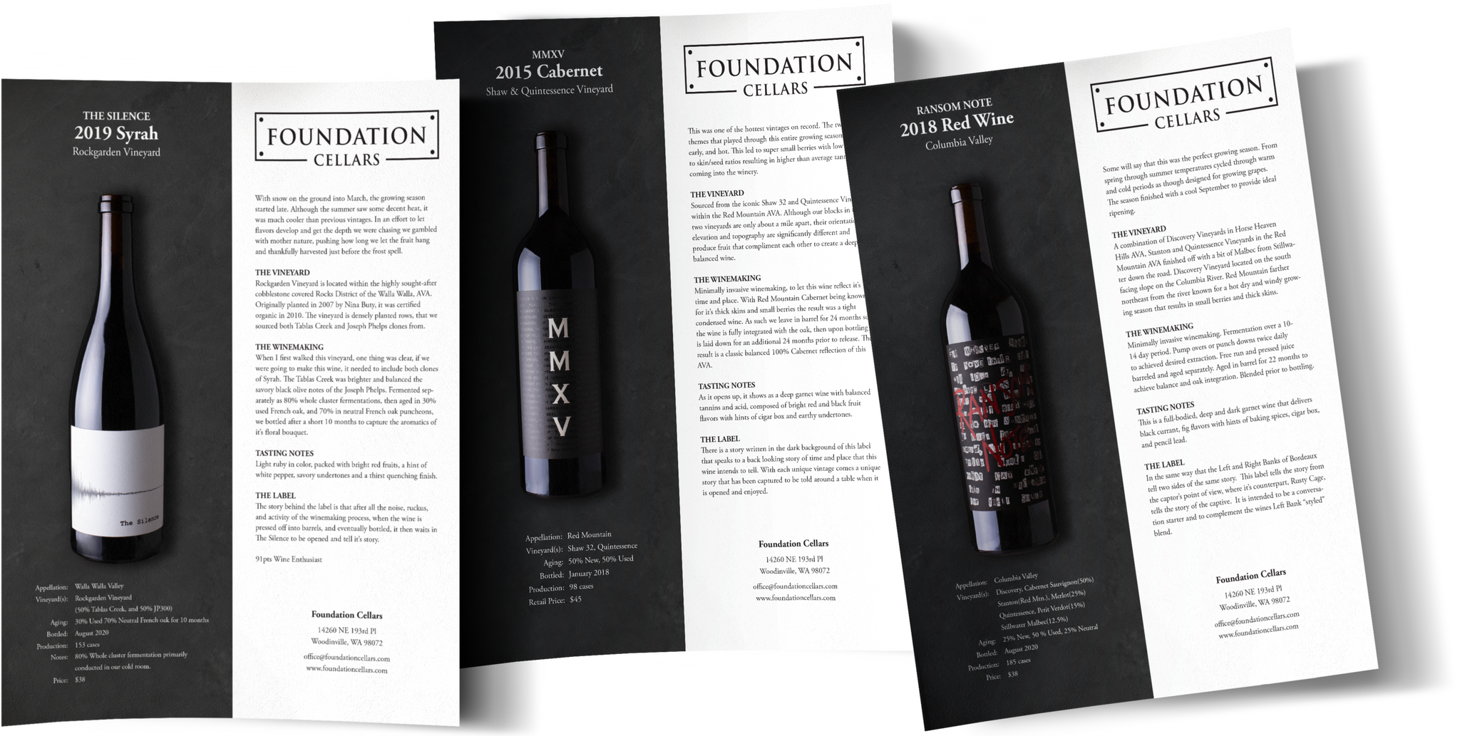 Three examples of wine tech sheets we designed for digital PDF and print. Each one has a dark bottle image on the left, easy to read text on the right describing the wine. Showcasing brand development, print design and photography.