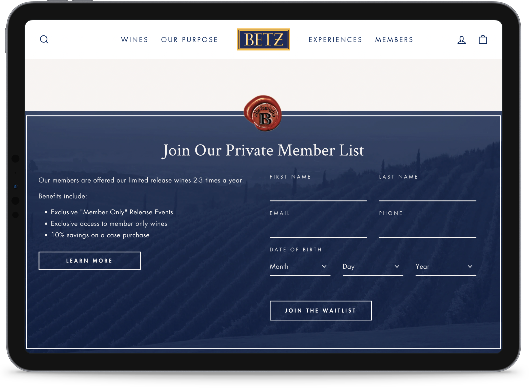 Betz wine club join form displayed in tablet device