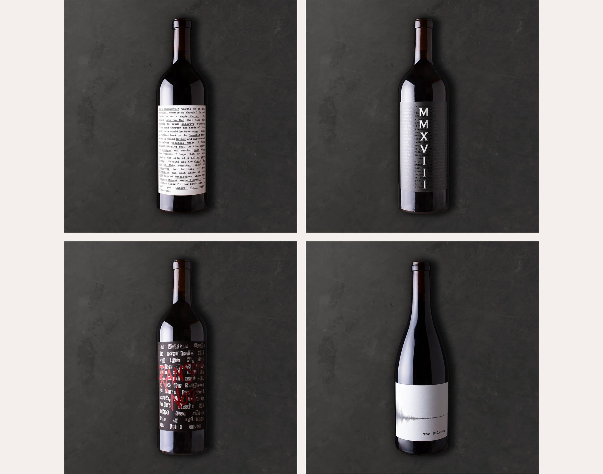 Four photos of Foundation Cellars wine bottles by Bloom Studio