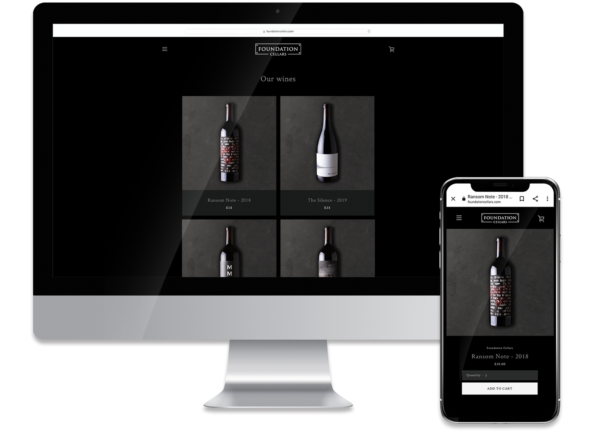 A mobile and a desktop devices side by side with Foundation Cellars ecommerce shop page screenshots showcasing responsive website design