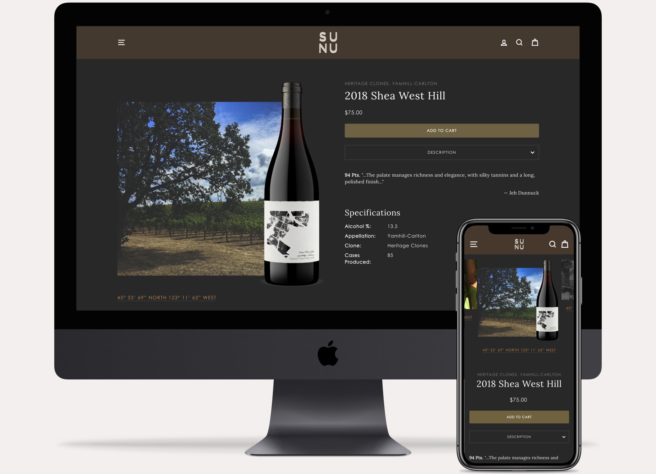 Desktop and phone displaying responsive SUNU wine website
