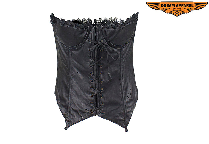 Women's Black Leather Corset With Bra Cups Lambskin and Pink Weave