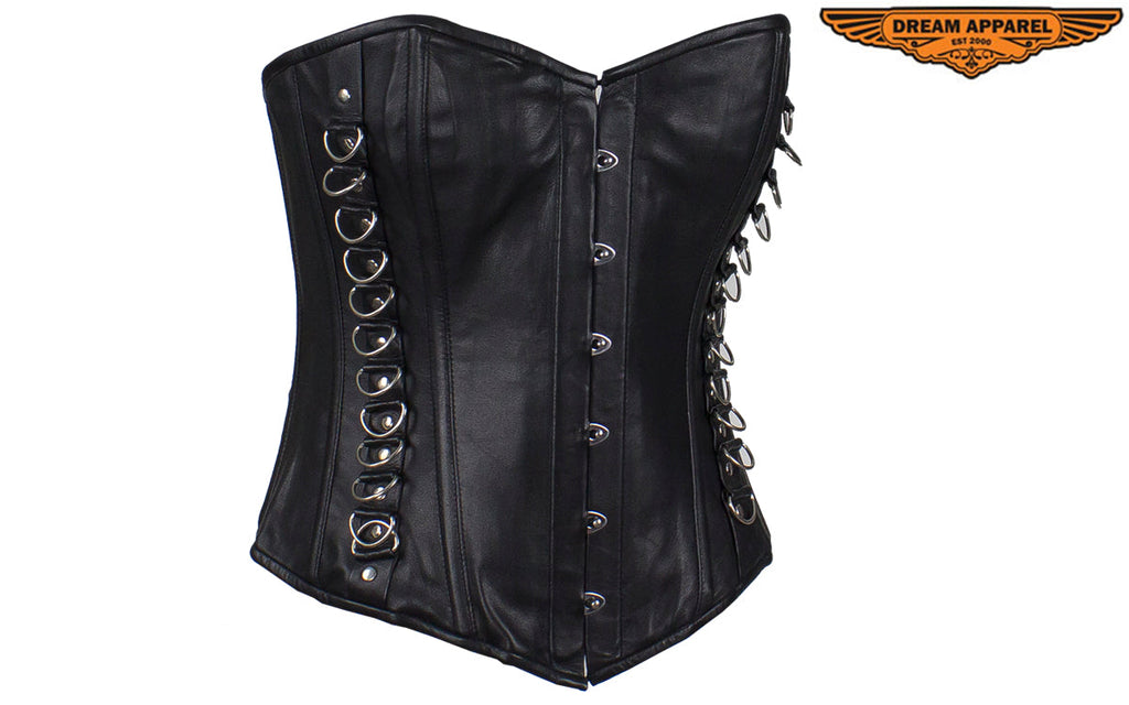 Women's Black Leather Corset With Bra Cups Lambskin and Pink Weave