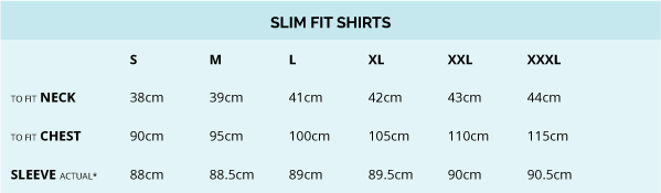 James Harper Slim Fit Shirt Size Guide