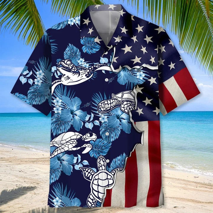 Turtle Tropical Us Flag Hawaiian Shirt, Summer Hawaii Turtle Beach Shi