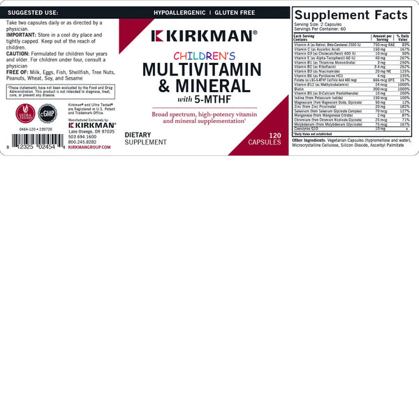 Multi Vitamines-Minéraux pour Enfants avec 5-MTHF 120 CAPSULES de Kirkman