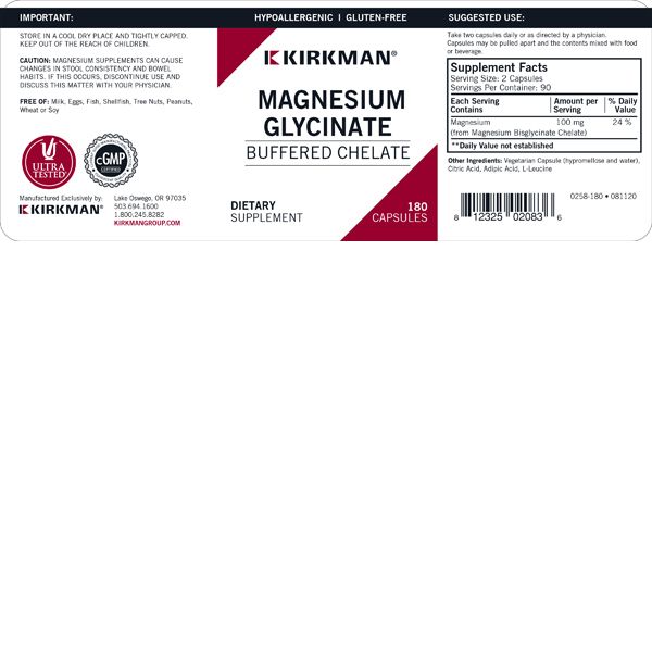 Magnesium BisGlycinate (Buffered) 180 Kapseln von Kirkman