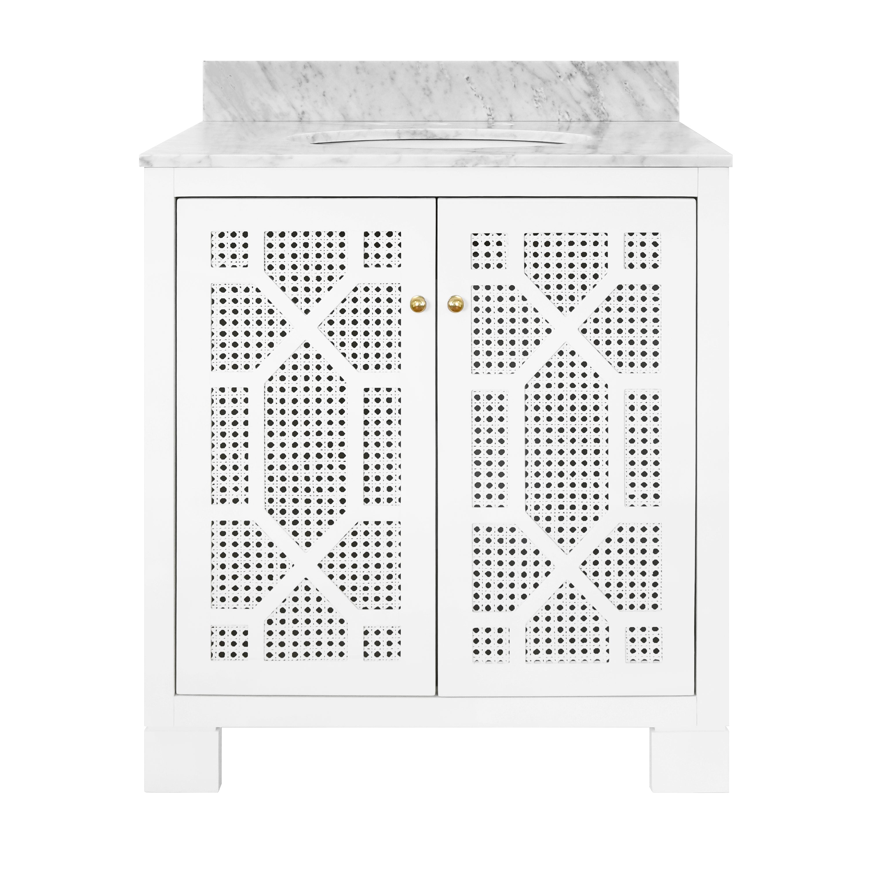 Bath Vanity In Matte White Lacquer With Cane Front Doors, White Marble Top, Porcelain Sink, And Polished Brass Knobs