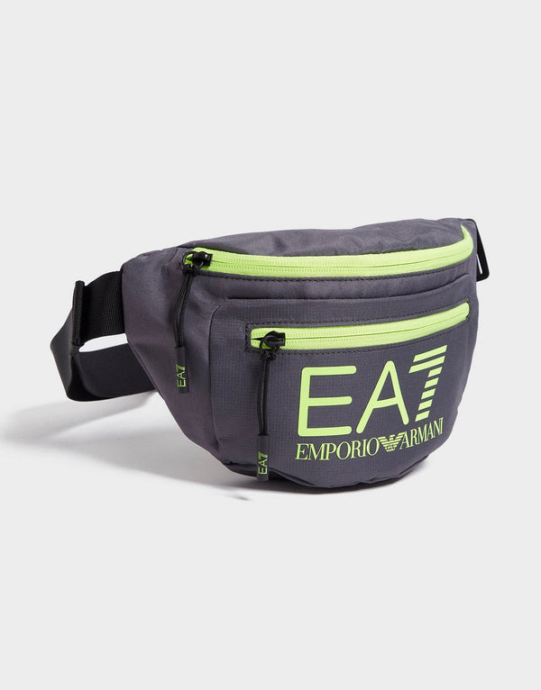 Picture of a grey Belt Bag with green details.