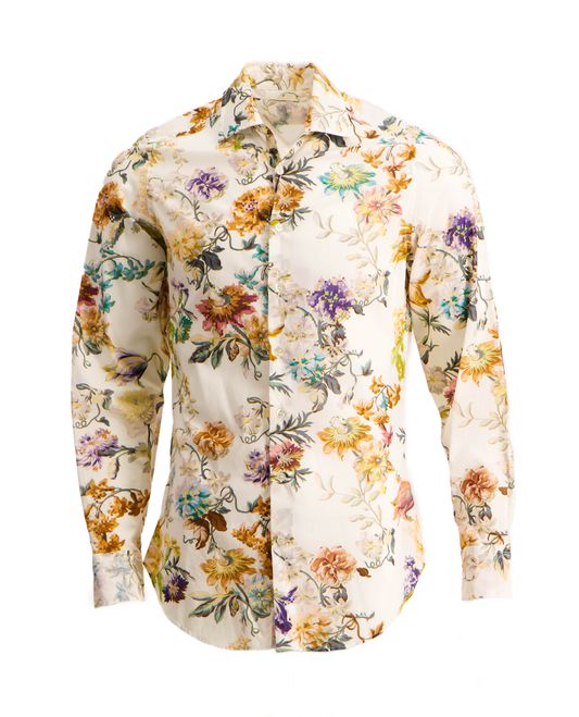 ETRO MENS WHITE FLORAL PRINT COTTON SHIRT