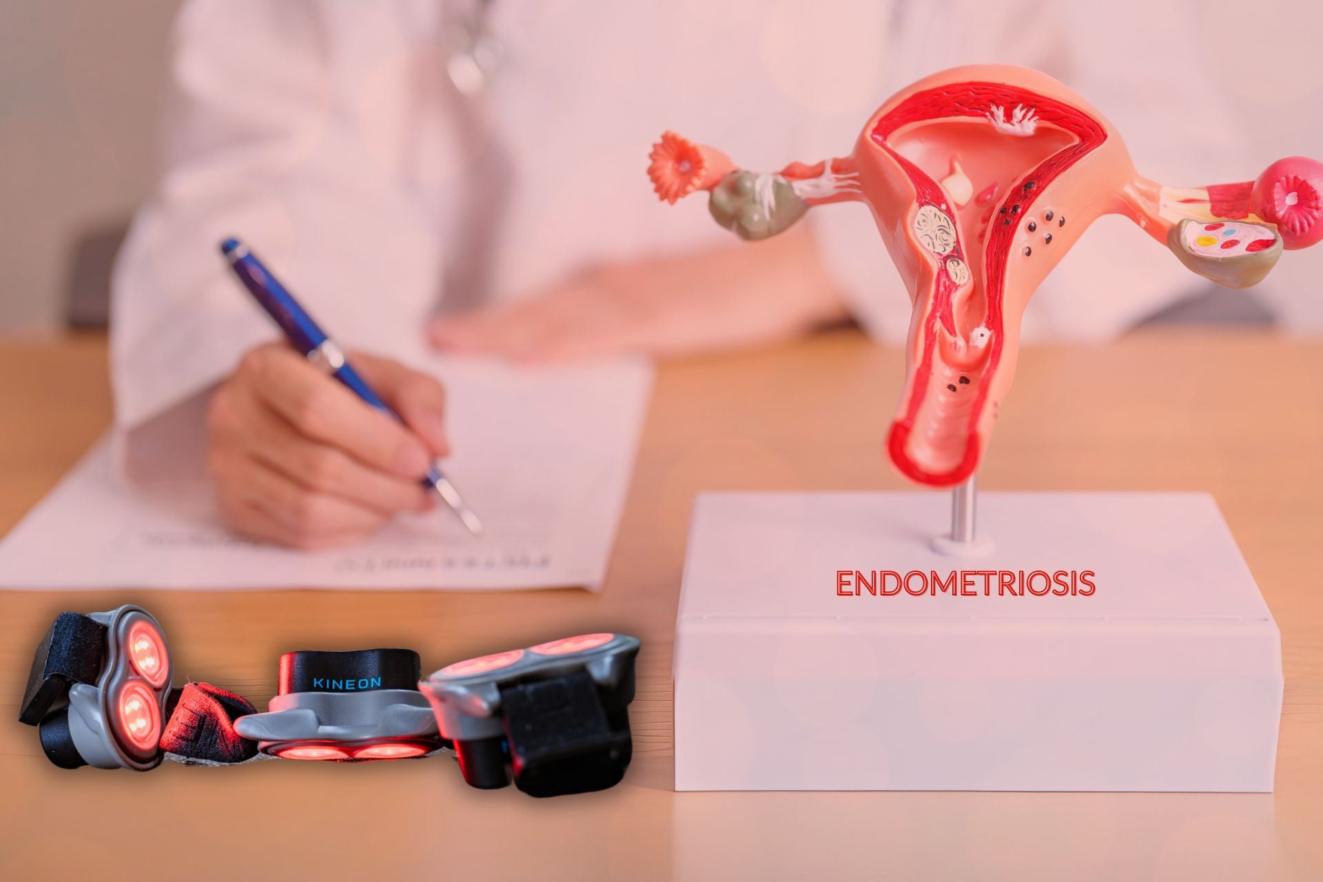 An image of an ovary model with a text that say ENDOMETRIOSIS and a Kineon Move+ Device.
