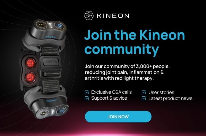 A graphic image encouraging viewers to join the Kineon Facebook Community. It has the picture of the Kineon Move+ Pro Device.