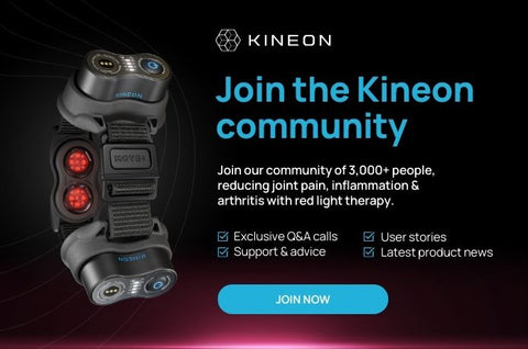 A graphic image that has this text, "Join the Kineon Community." This encourages viewers to join the facebook group with over 3,000 people to know more about reducing joint pain, inflammation, and more with red light therapy.