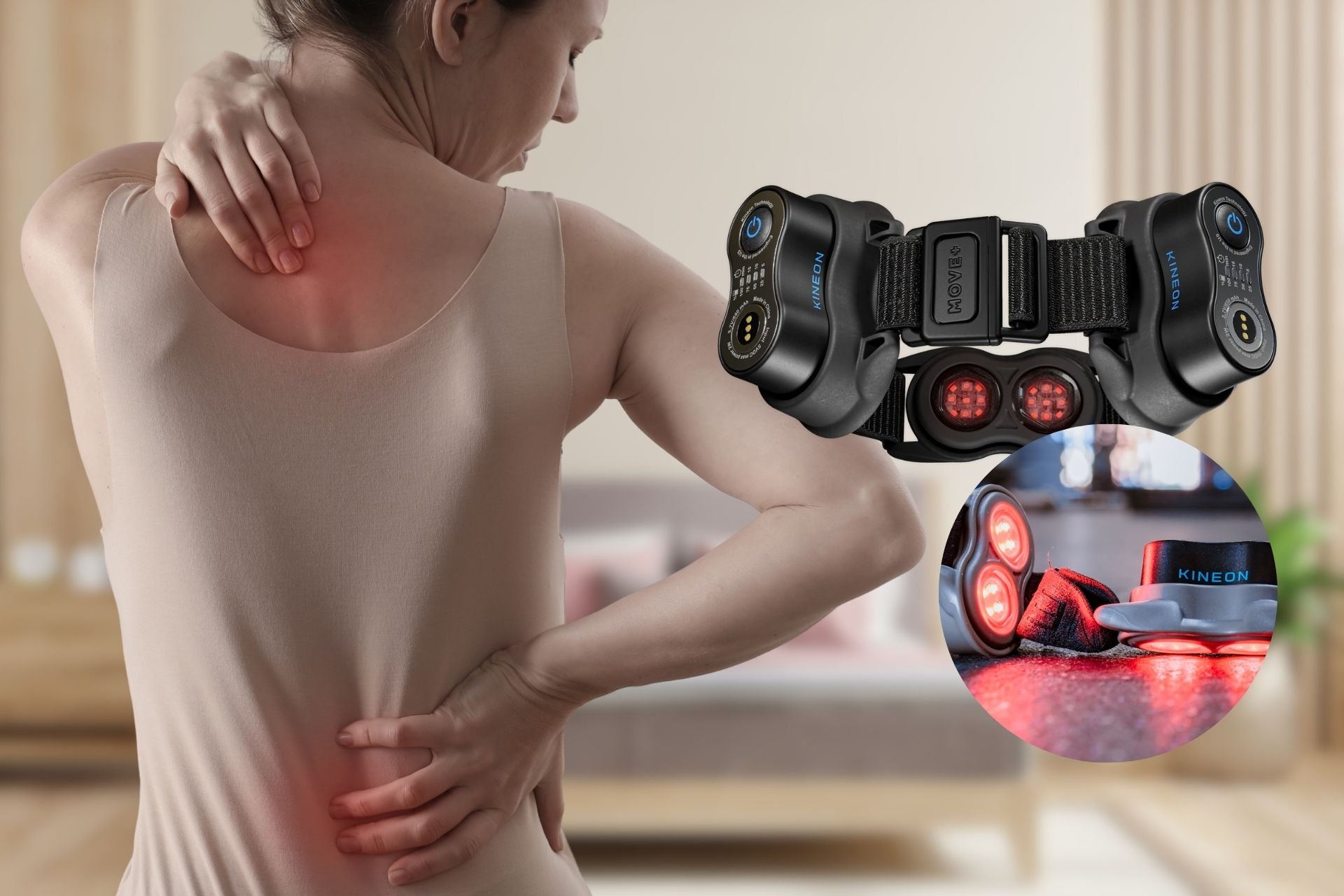 An image of a woman with back pain and on the side are red light therapy devices used to help alleviate back pain.