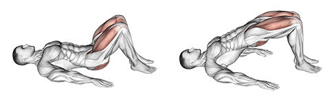 A graphic image of a man doing glute bridges, one of the exercises for low back pain.