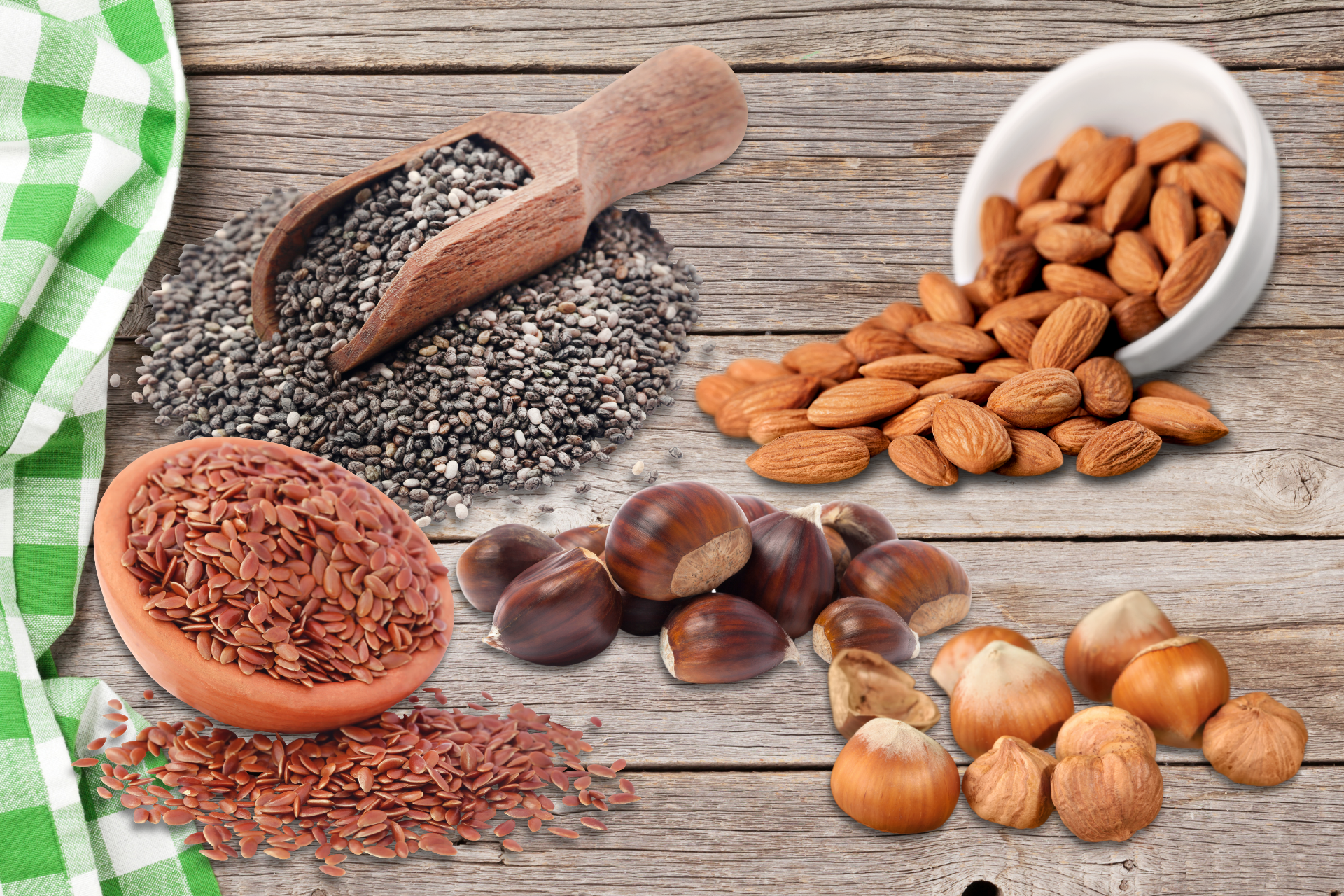 Image of all nuts and seeds in the list high in fiber.