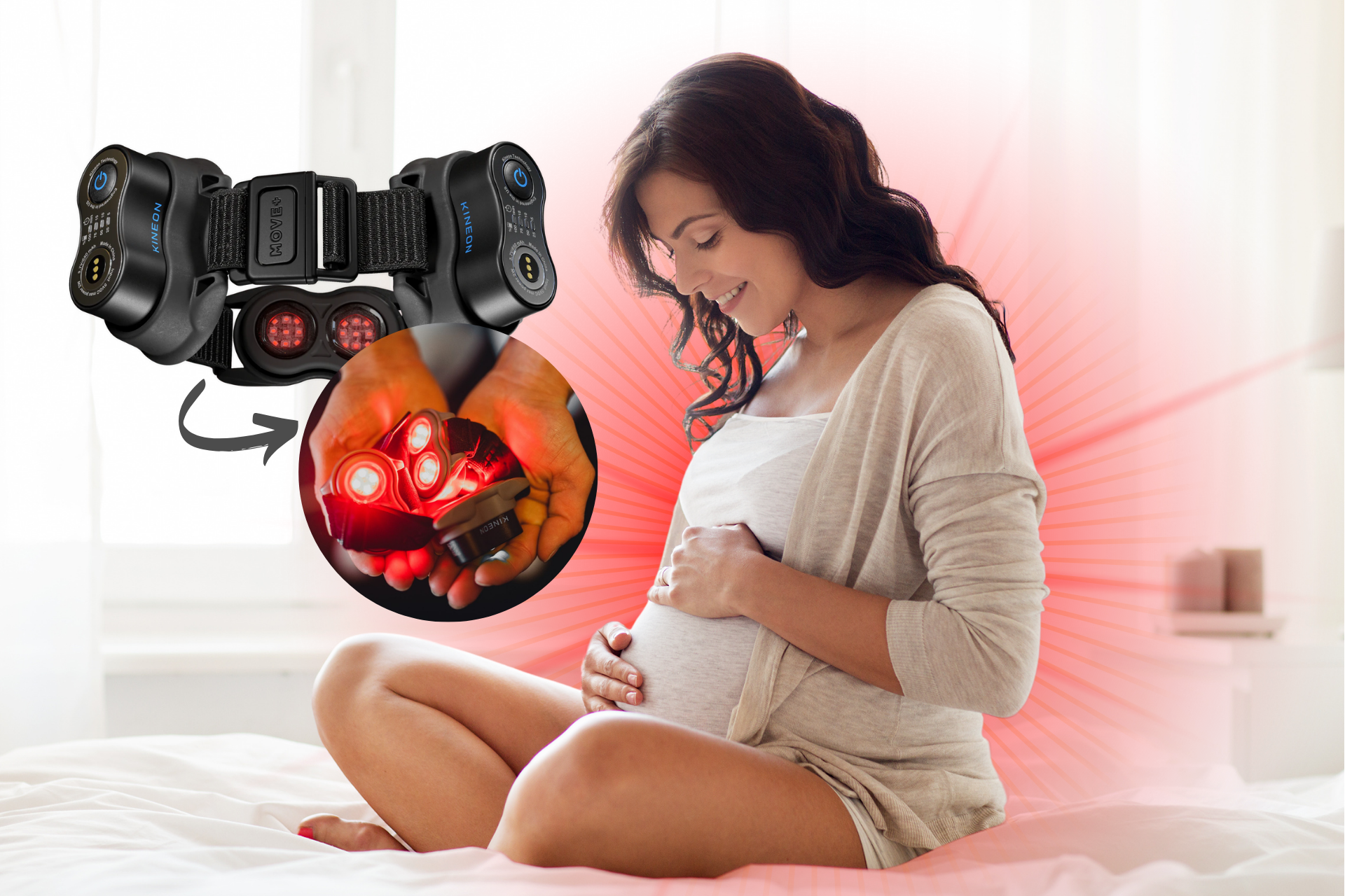 An image of a woman pregnant with red light therapy device from Kineon.