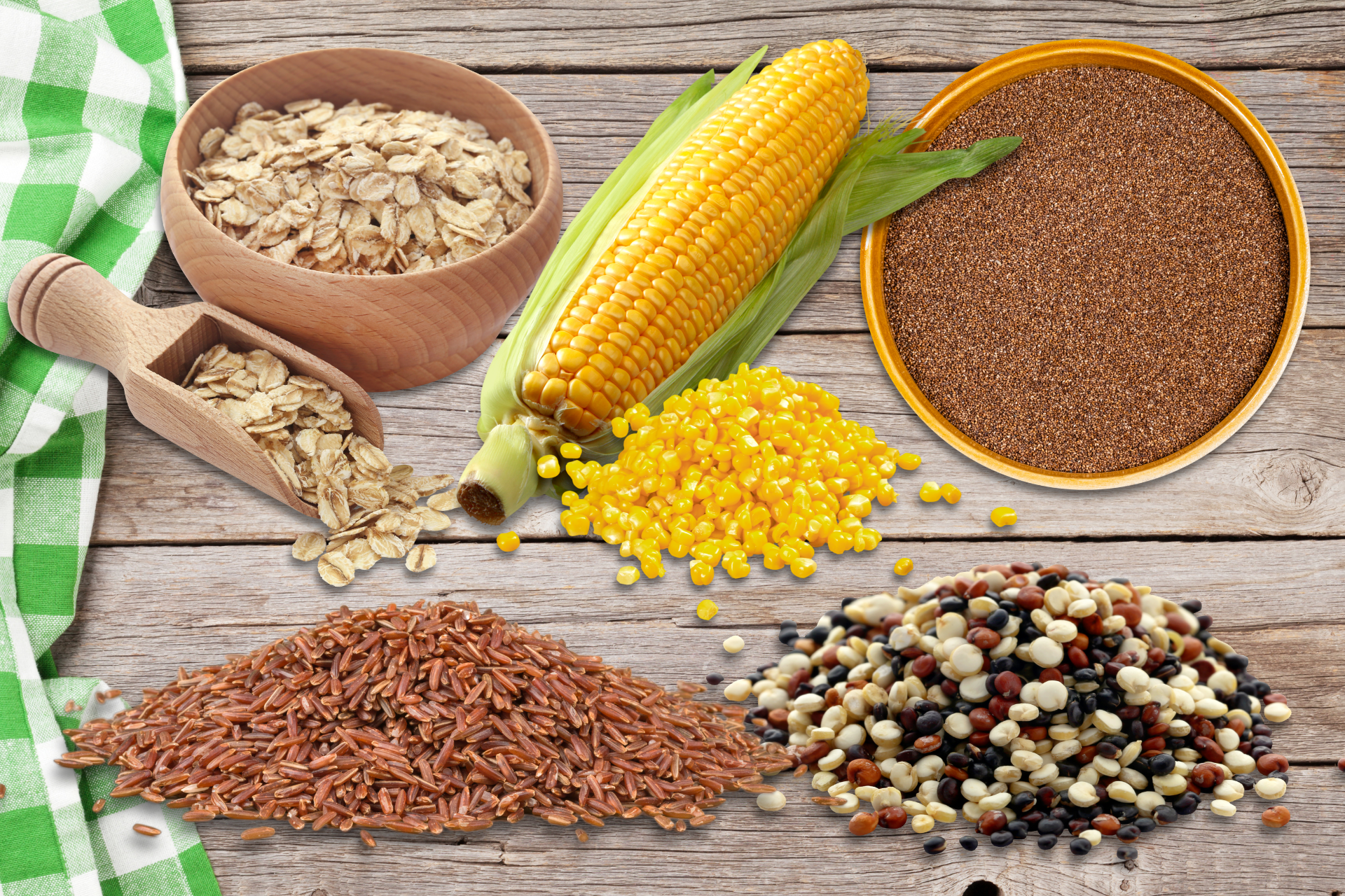 Image of all whole grains with high fiber listed.