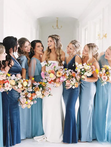 Mismatched blue bridesmaid dresses