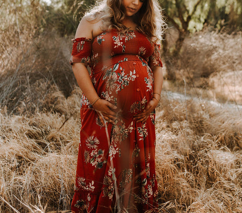 red floral slit maternity guest dress