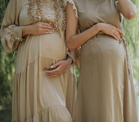Taupe long maternity wedding guest dress