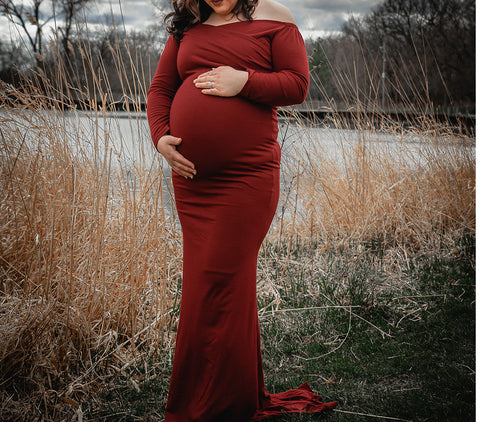 Burgundy Long Sleeve Maternity Wedding Guest Dress