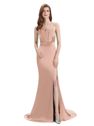 Elegant Soft Satin Strapless Split Side Floor-Length Mermaid Bridesmaid Dresses