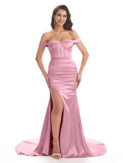 Sexy Side Slit Soft Satin Off Shoulder Floor-Length Long Mermaid Bridesmaid Dresses Online