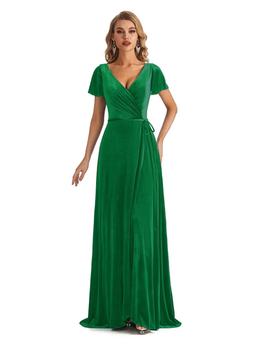 Emerald green velvet holiday prom dress
