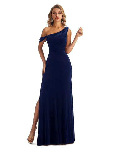 Dark navy blue velvet holiday prom dress