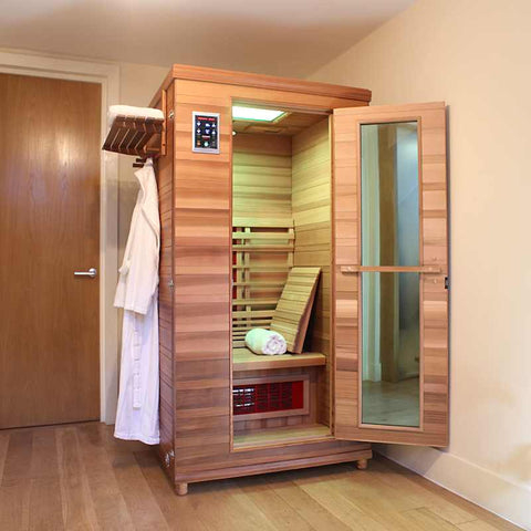 one person infrared sauna with the door open