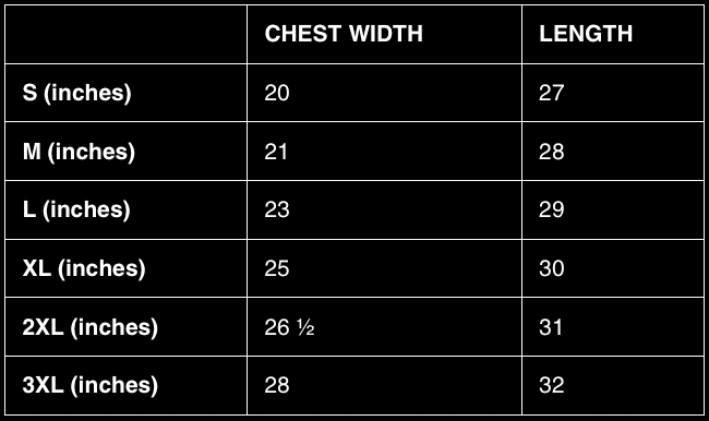 Jacket and hoodie size guide