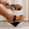 Large size high heeled slippers for women with sloping heels, thick soles, toe covers, and one line sandals for women