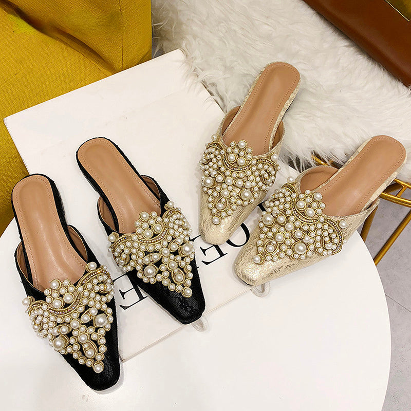 Faux Pearl Decor Kitten Heeled Mules Women Ballet Flats Rhinestone Wedding Ballerina Shoes Foldable Sparkly Comfort Slip on Dress Flats