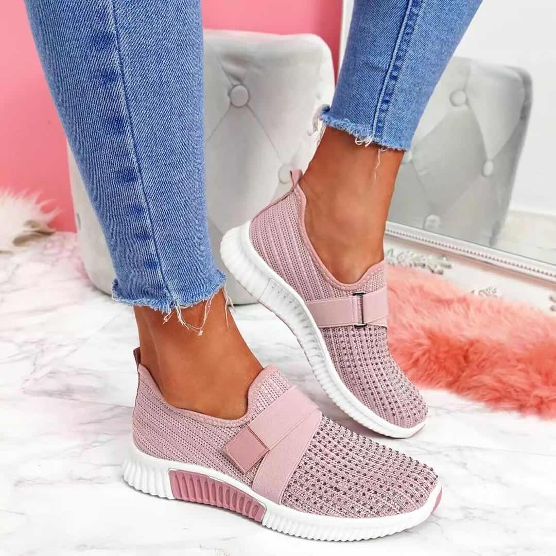 Fashion Women's Shoes Flat Soft Bottom Mesh Breathable Casual Sneakers Rhinestone Single Shoes Large Size Women Sports Shoes