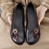 Three Flower Retro Black Flats For Women Genuine Leather Flat Shoes