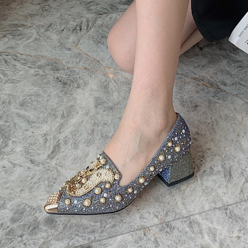 Fashion Thick Heel Celebrity Steel-toed Rhinestones Shoes