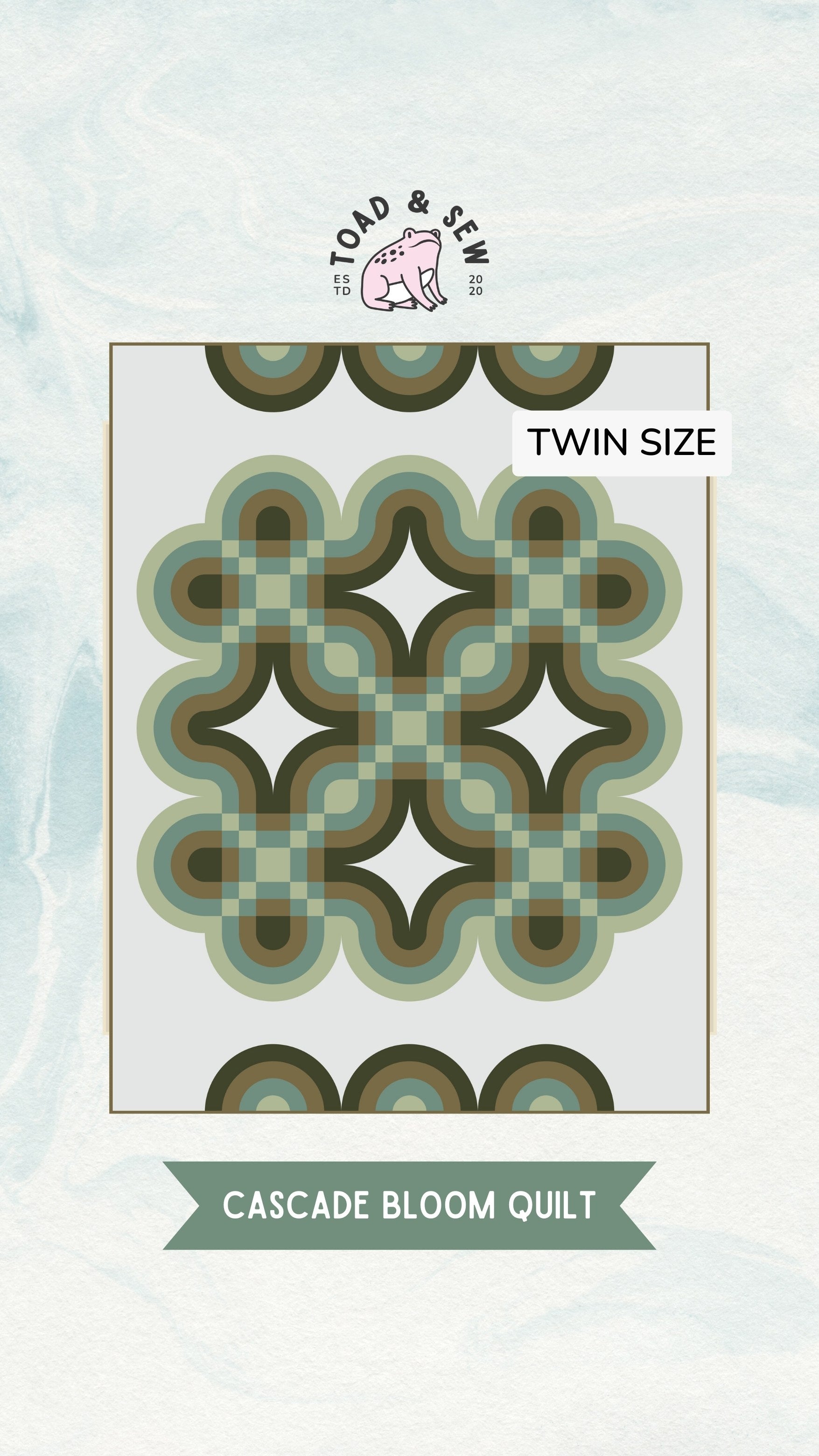 Green and brown Cascade Bloom Quilt design in twin size by Toad & Sew, featured in the Week 1 blog post of the Cascade Bloom Quilt Sew Along, offering insights on fabric selection and value guide for color tones.