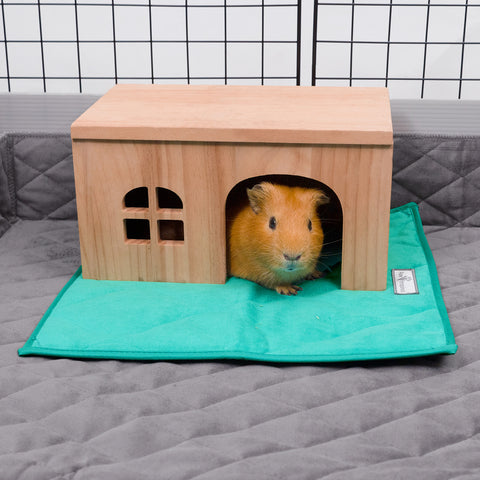 Guinea Pig in Wooden House on Top of 12x12 Fleece Pad in Critter Box Cage Liner with Raised Sides