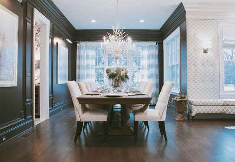 Dining Room Table, Chandelier, Sconces, and Picture Lights