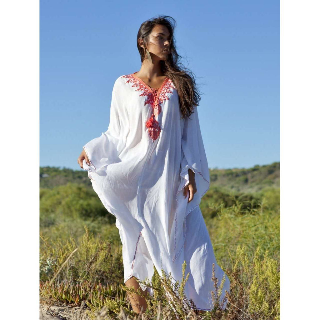 Beach White Neon Orange Embroidery Resort Caftan Kaftan -beach cover ...