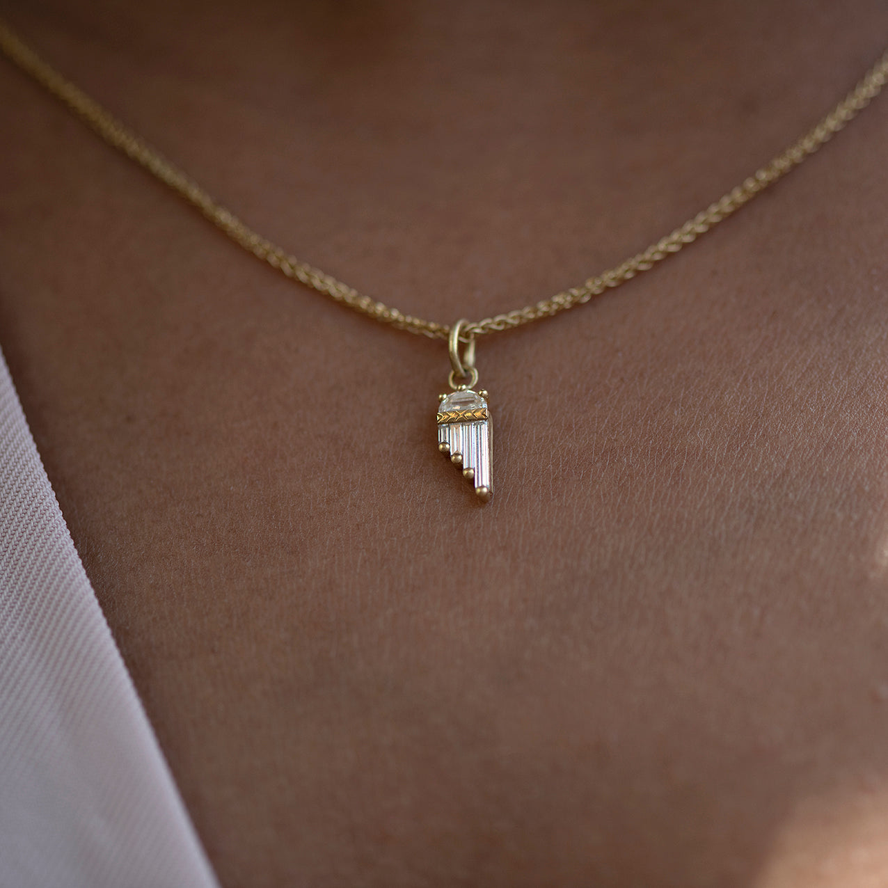 Diamond Necklace with A Tiny Heart Chain Pendant