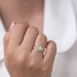 Half Moon Diamond Wedding Ring Set on hand with shirt